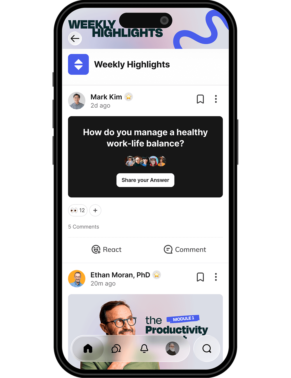 Mobile app showing weekly highlights and community engagement