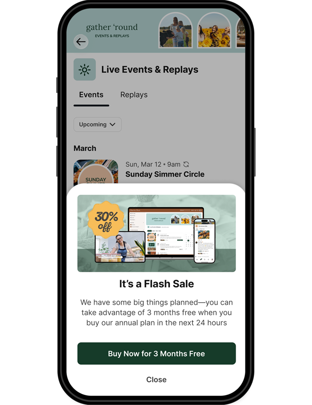 Mighty platform showing Live Events & Replays with a Flash Sale promotion