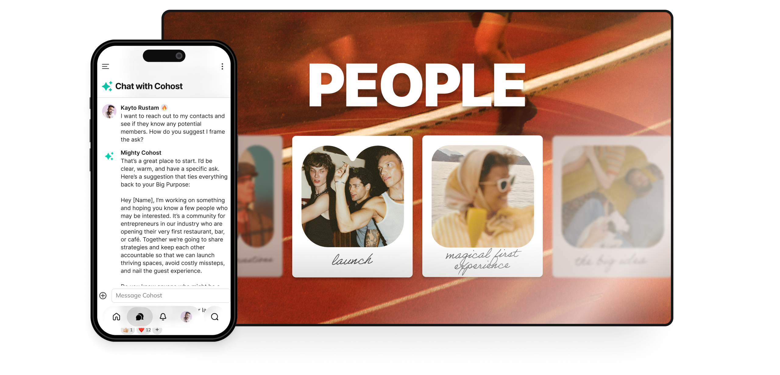 People mockup showing Cohost AI chat alongside Community Design polaroid cards for launch, magical first experience, and the big idea