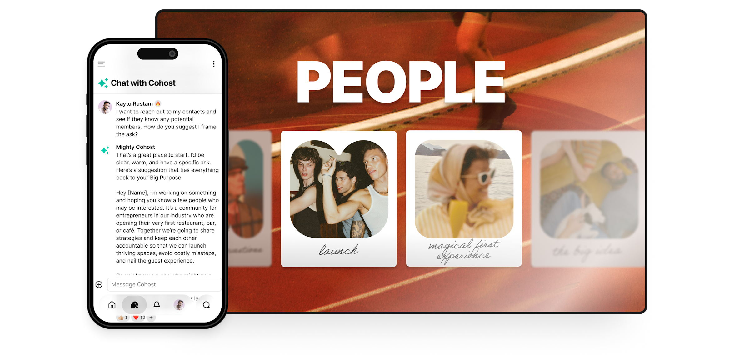 People mockup showing Cohost AI chat alongside Community Design polaroid cards for launch, magical first experience, and the big idea