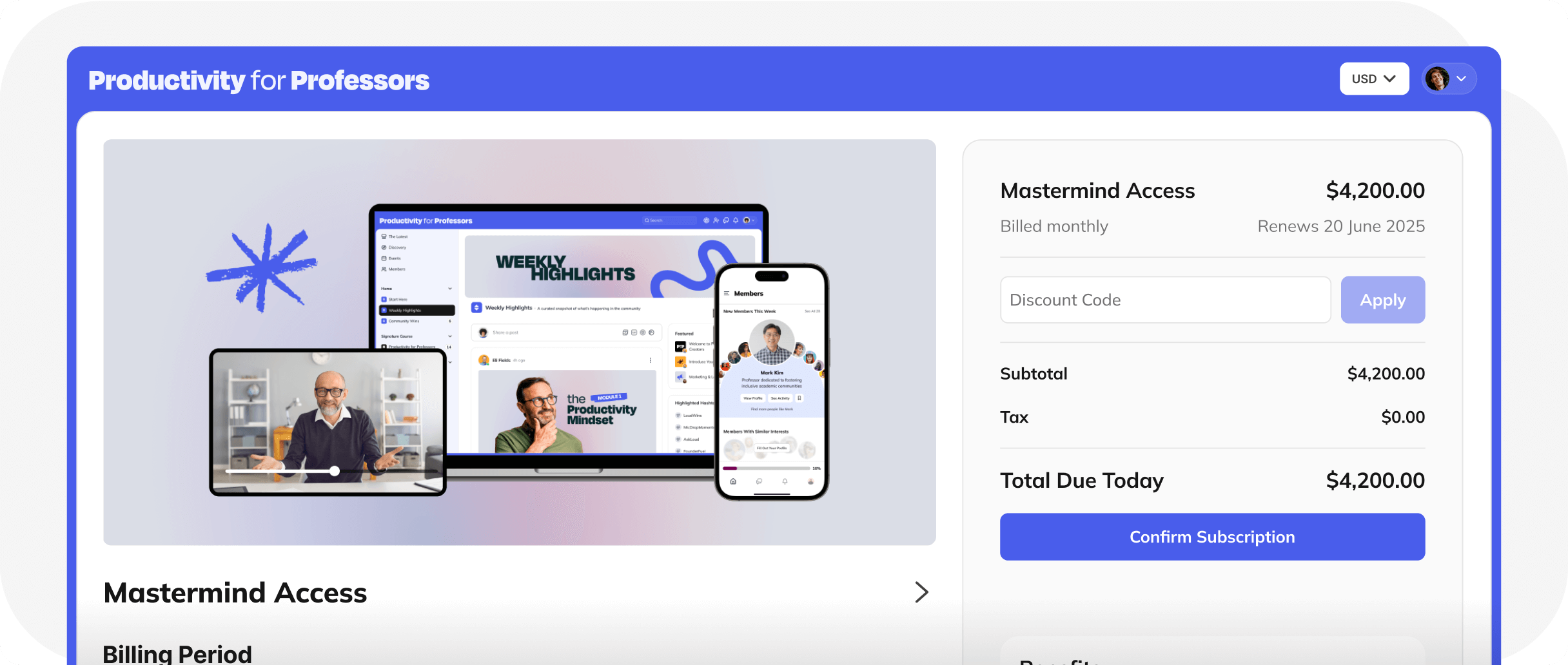 Checkout flow showing Productivity for Professors membership purchase