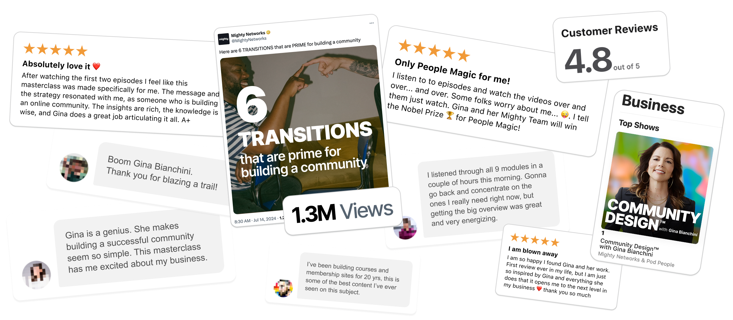 Social proof collage showing reviews, ratings, podcast rankings and testimonials for Community Design