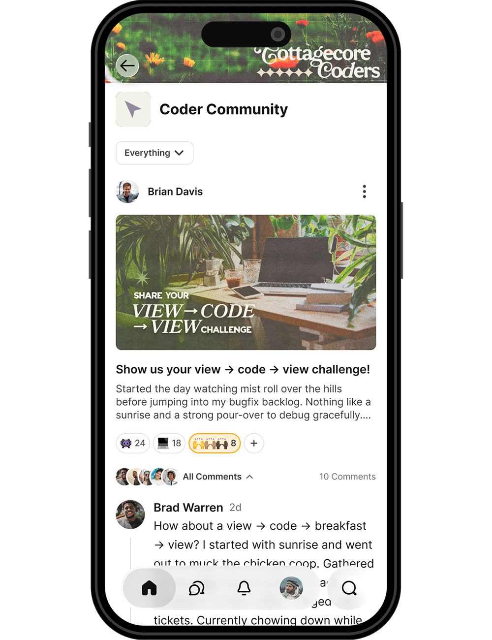 Feed interface showing posts, polls, and discussions