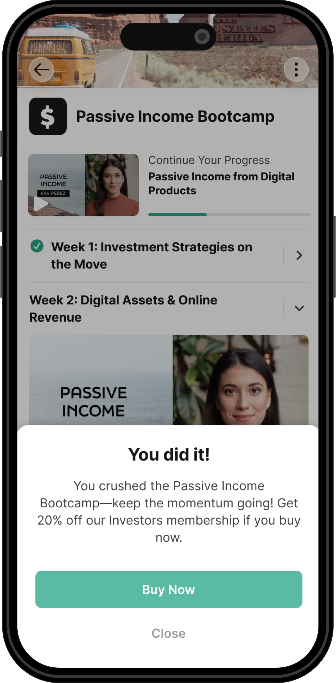 Mobile app showing course automations with a completion celebration popup