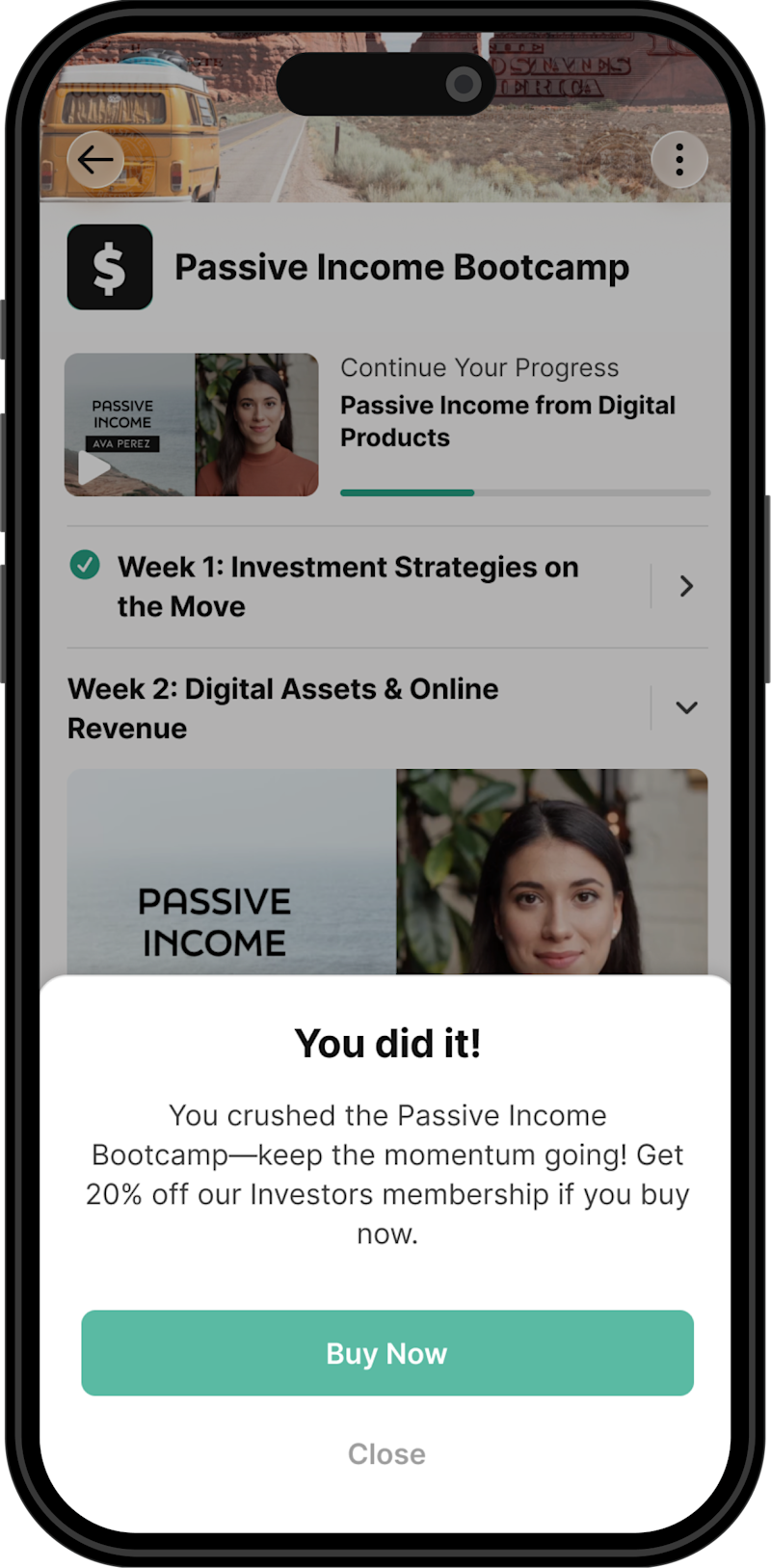 Mobile app showing course automations with a completion celebration popup