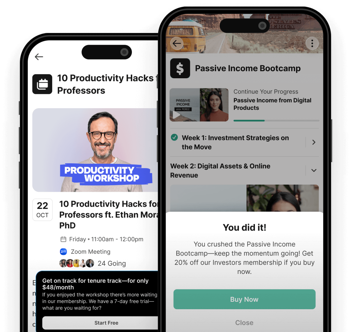 Phone mockups showing promotional banners, events, and courses
