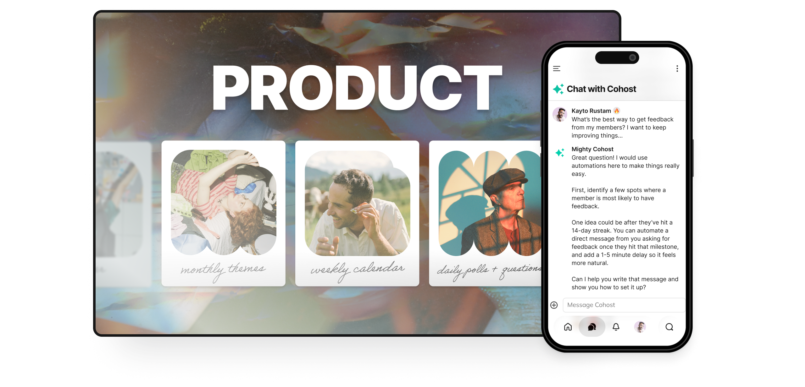 Product mockup showing Cohost AI chat alongside Community Design polaroid cards for monthly themes, weekly calendar, and daily polls