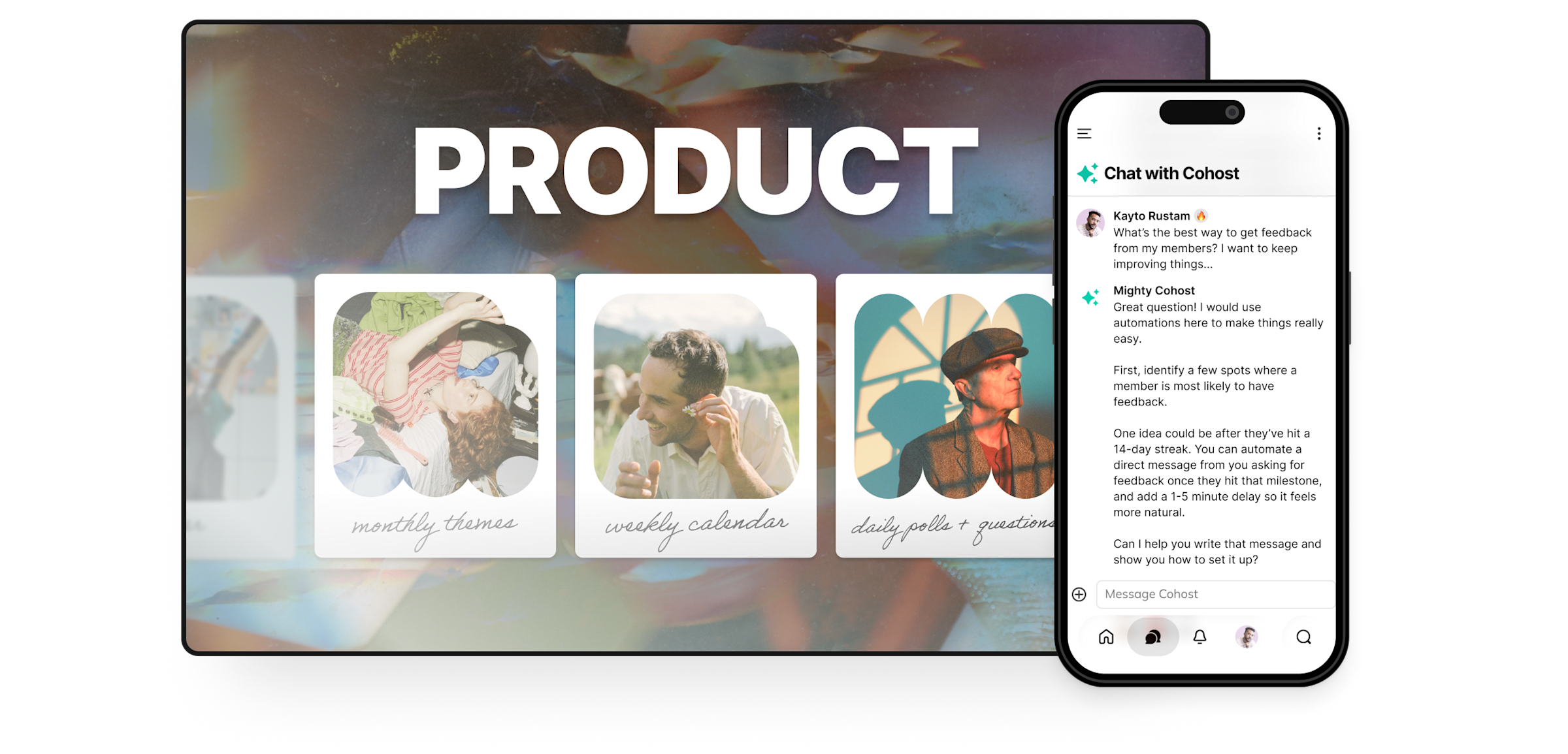 Product mockup showing Cohost AI chat alongside Community Design polaroid cards for monthly themes, weekly calendar, and daily polls