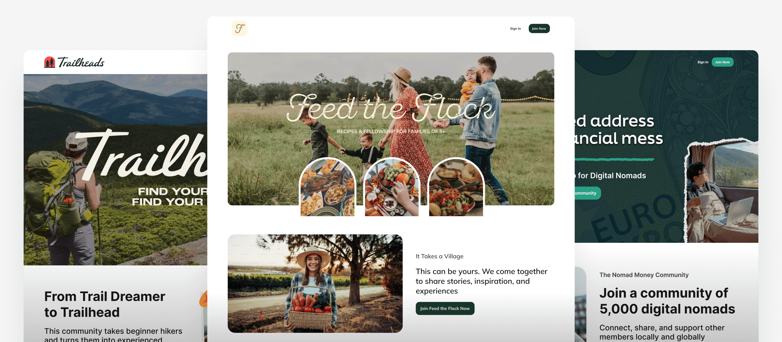 Landing pages showing Trailheads, Feed the Flock, and Nomad Money communities