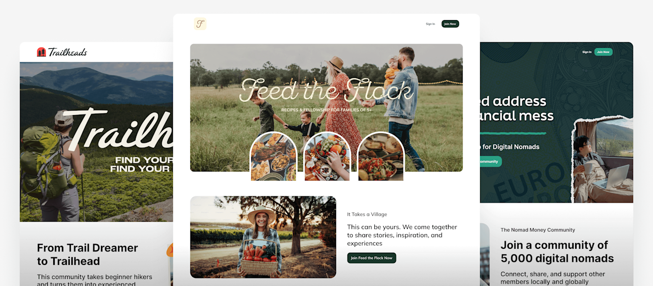 Landing pages showing Trailheads, Feed the Flock, and Nomad Money communities