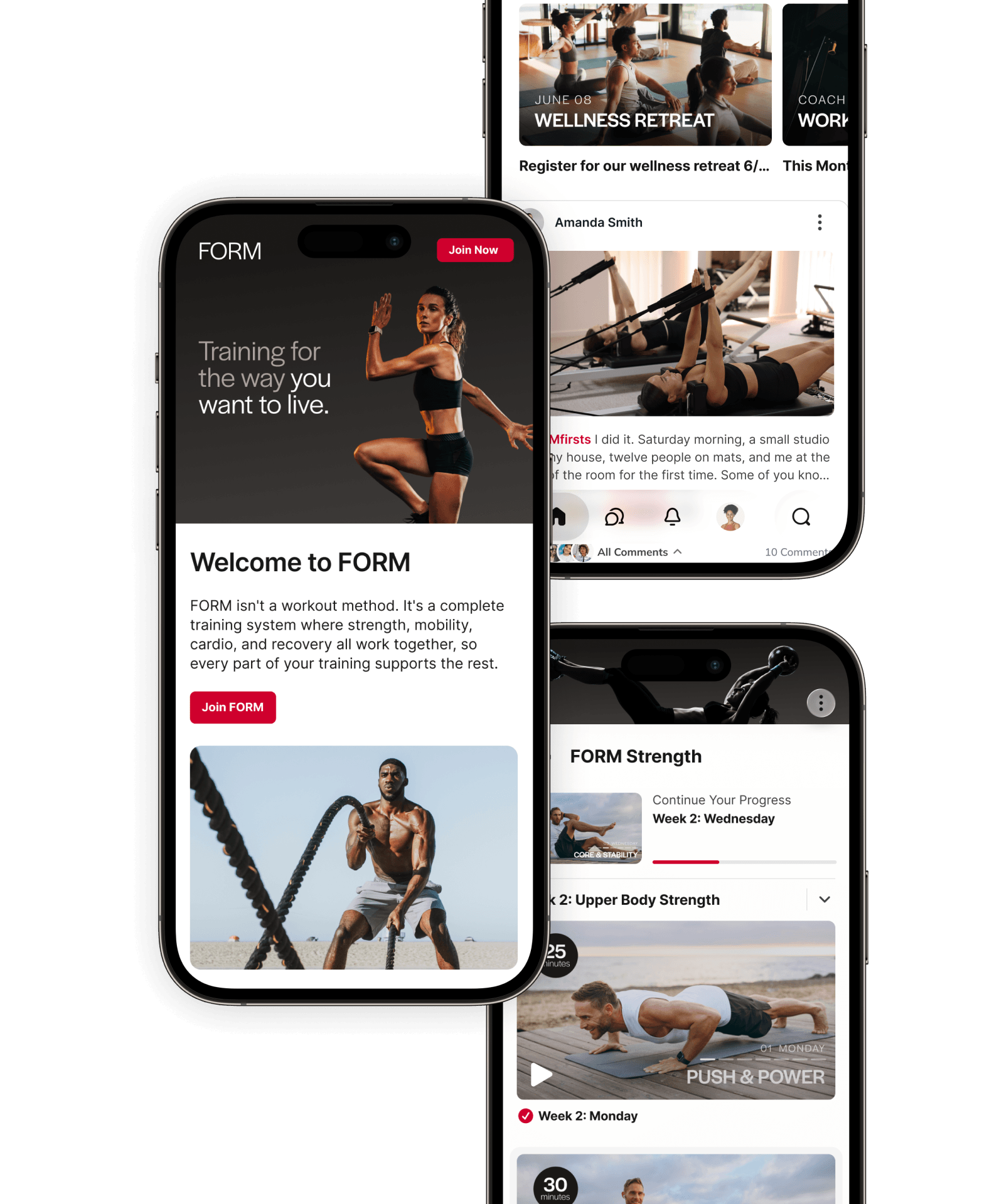 Three phones showing the FORM fitness community on a Mighty Network