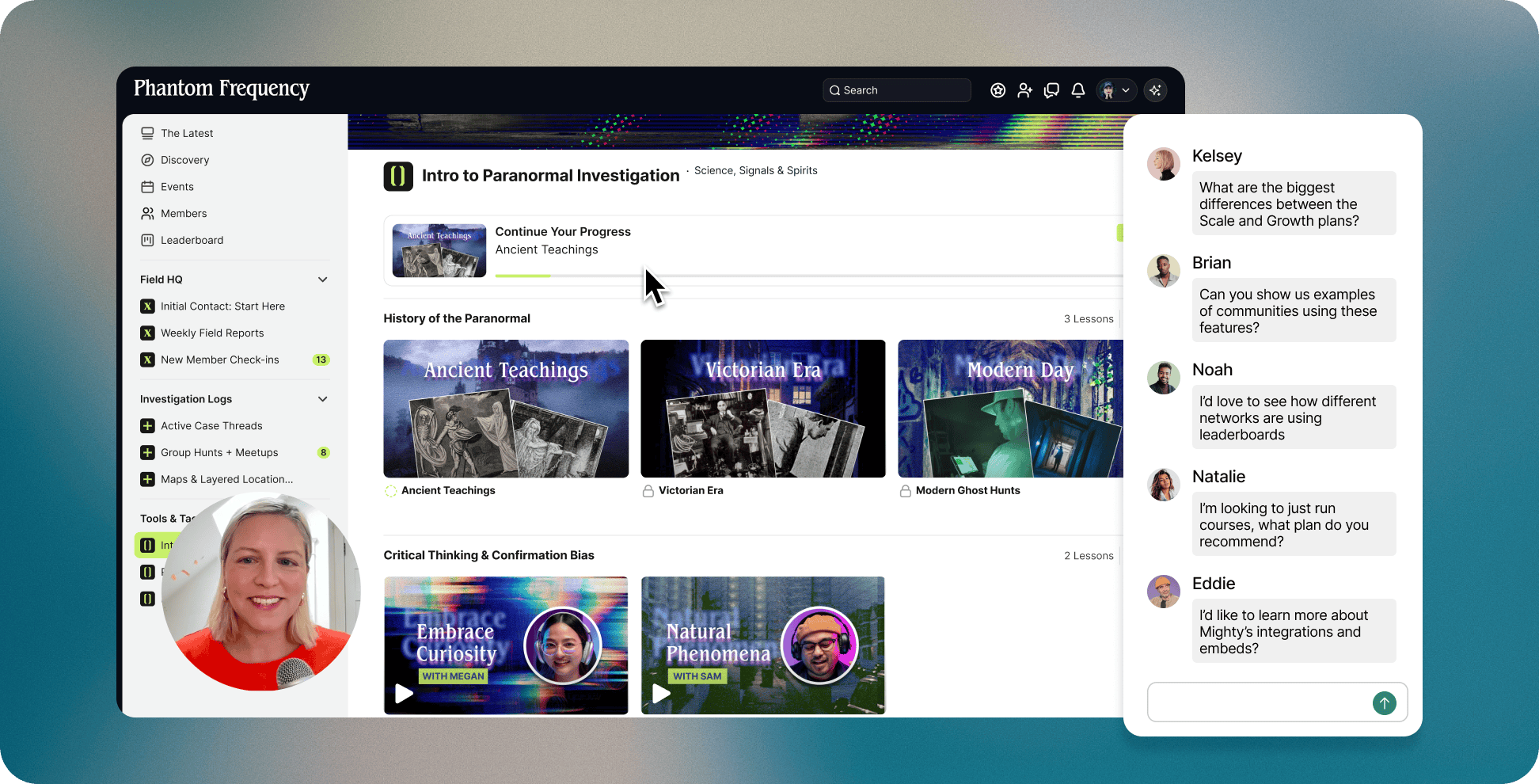 Mighty Networks product interface showing community features