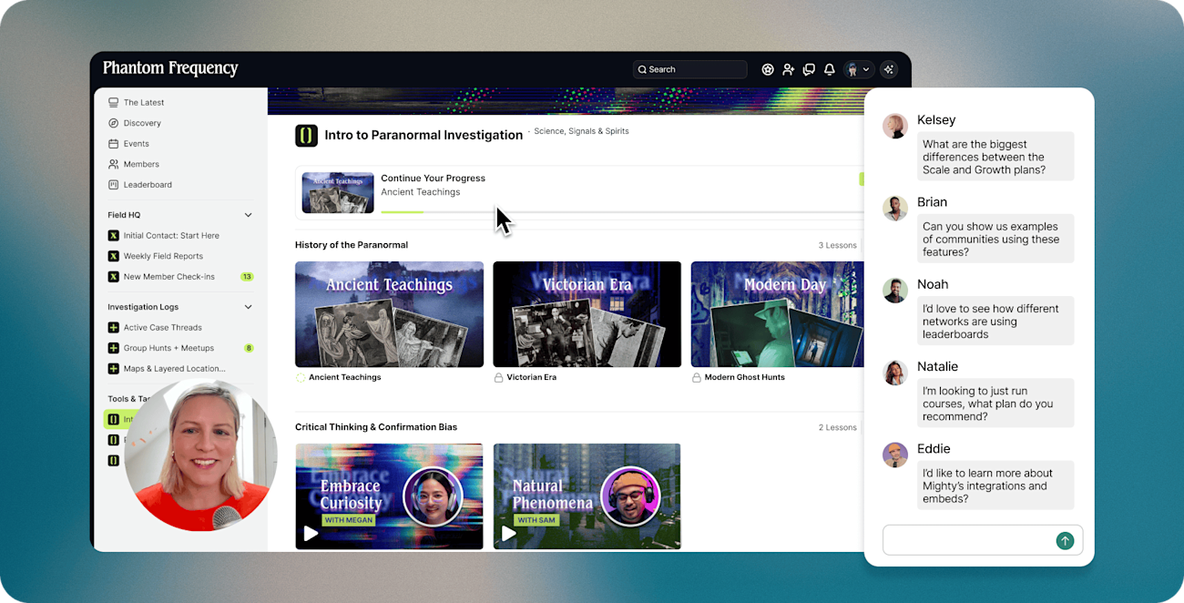 Mighty Networks product interface showing community features