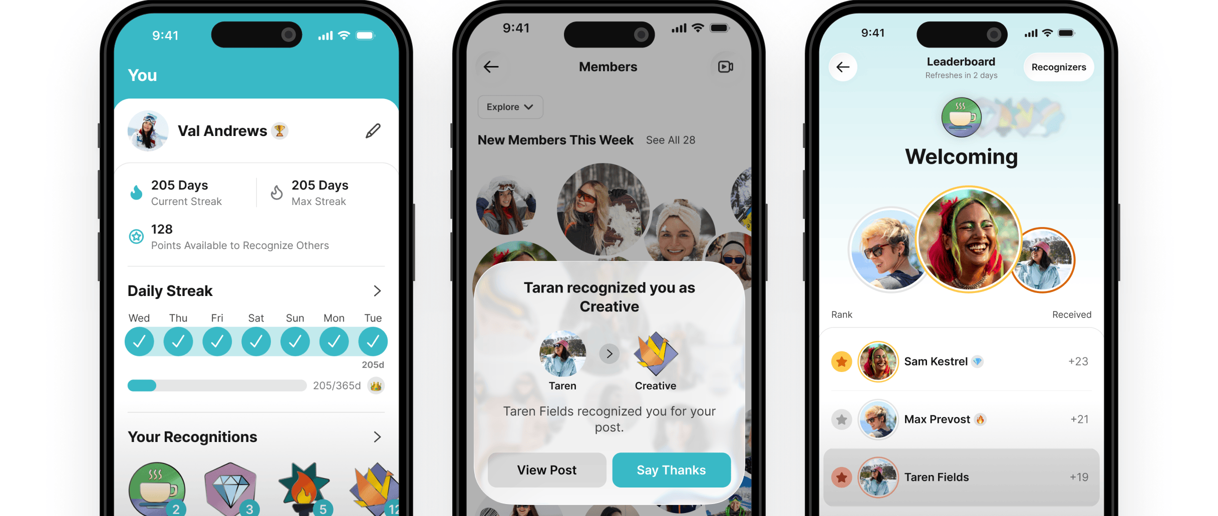 Gamification interface with streaks and leaderboards