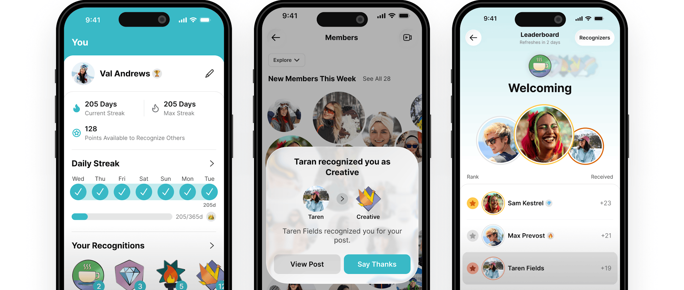 Gamification interface with streaks and leaderboards