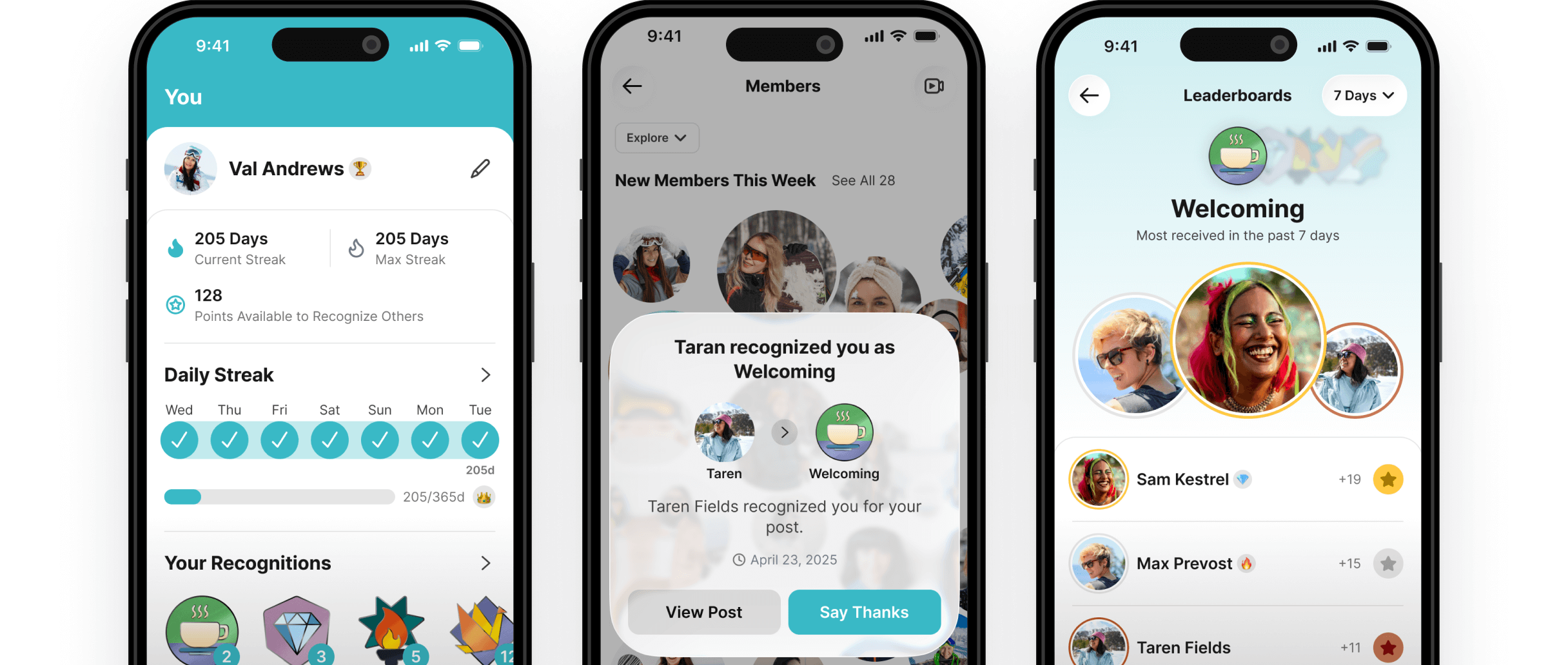 Gamification interface with streaks and leaderboards