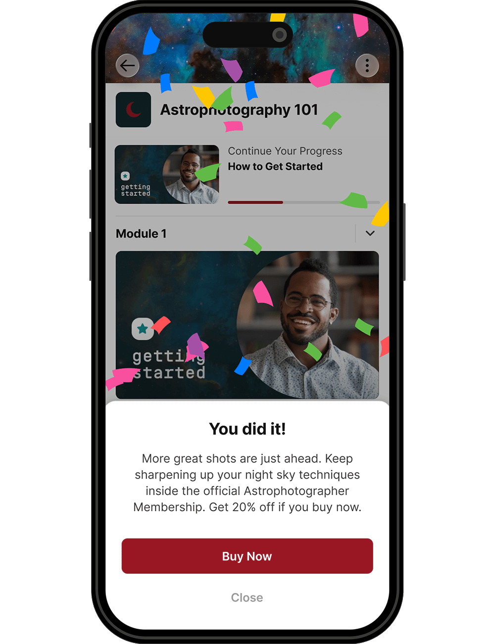 Automation popup showing course completion with upsell offer