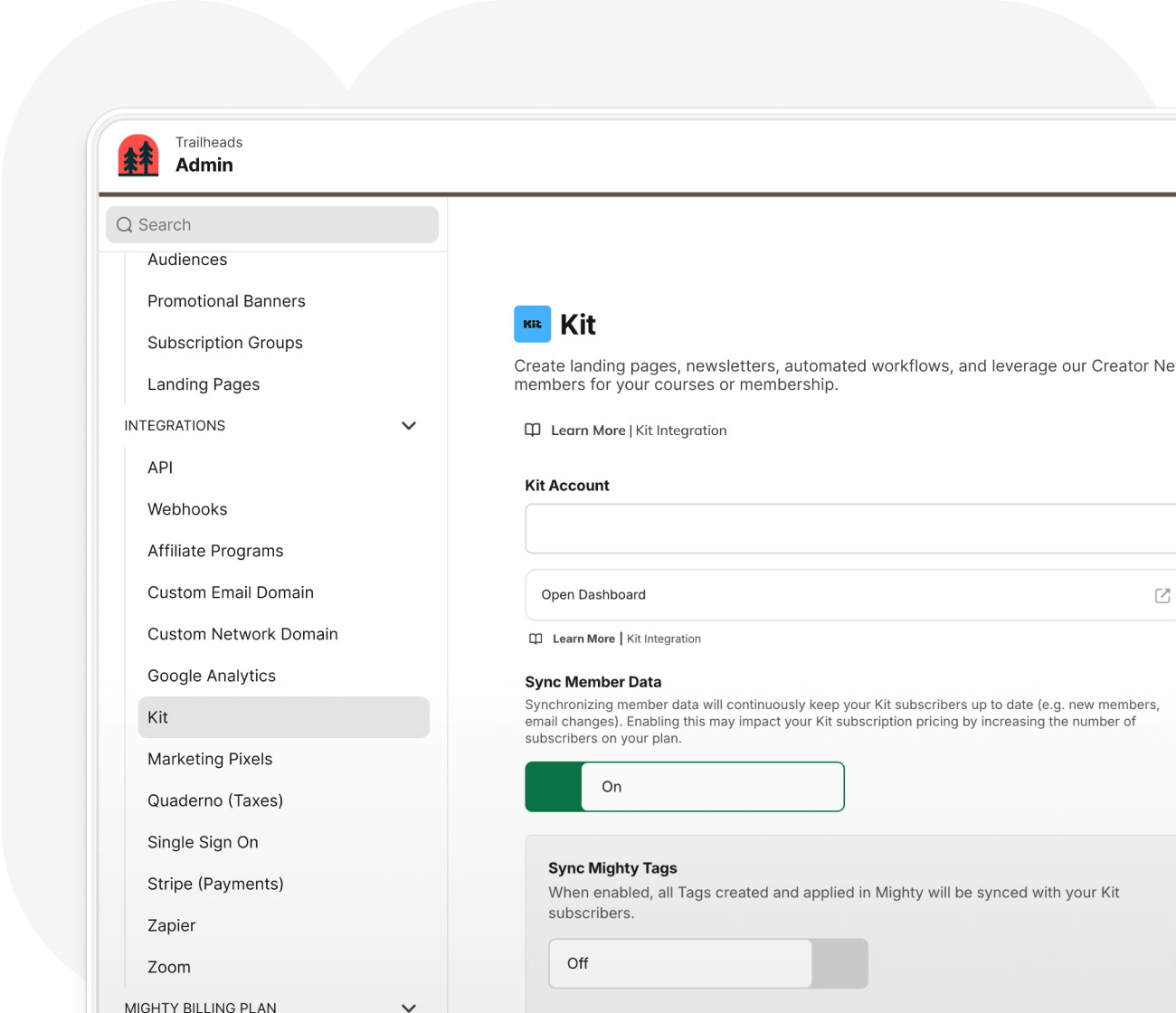 Integrations Panel with Kit integration