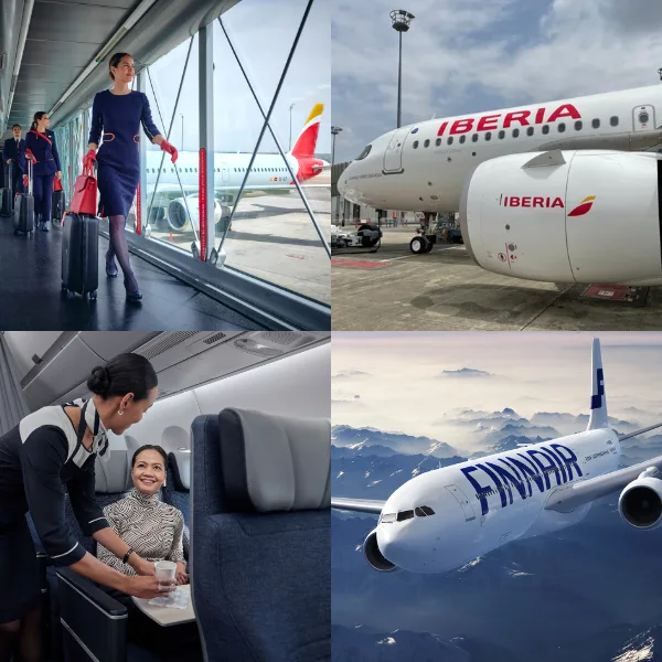 Finnair and Iberia jets next to flight crews