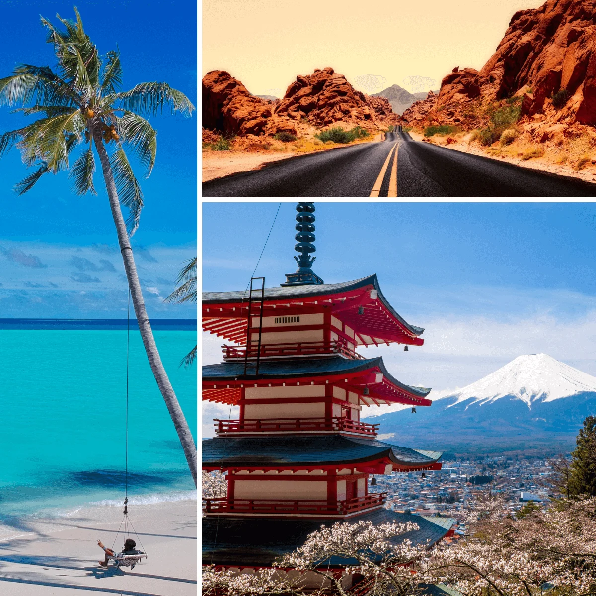 Collage of landmarks around the world, including a beach, a desert and a temple