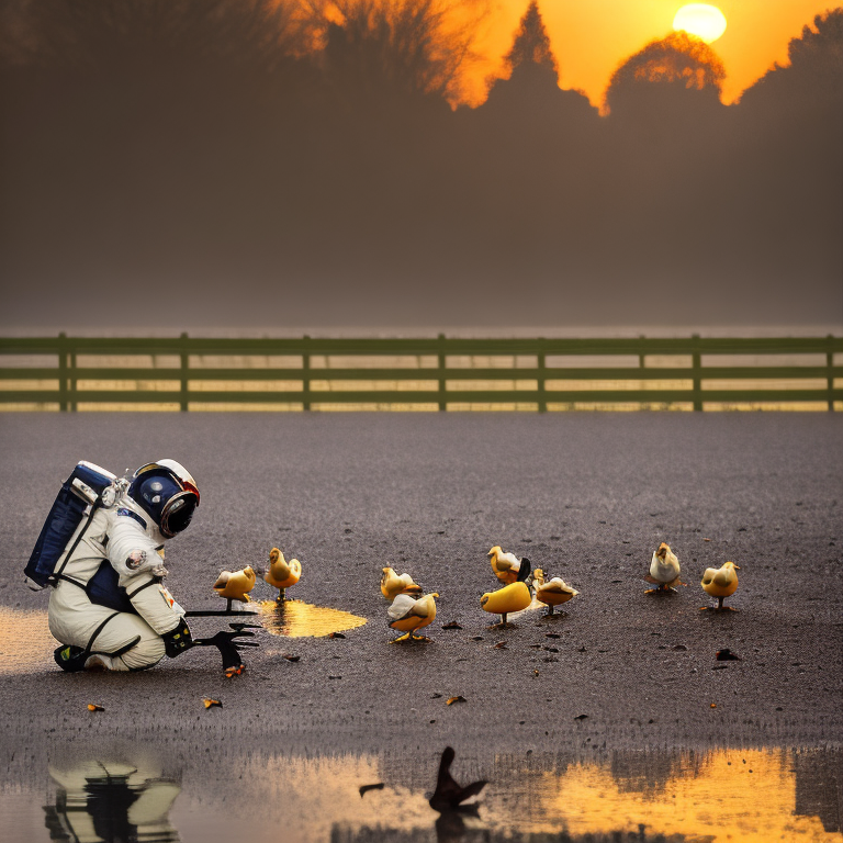 astronaut feeding chickens