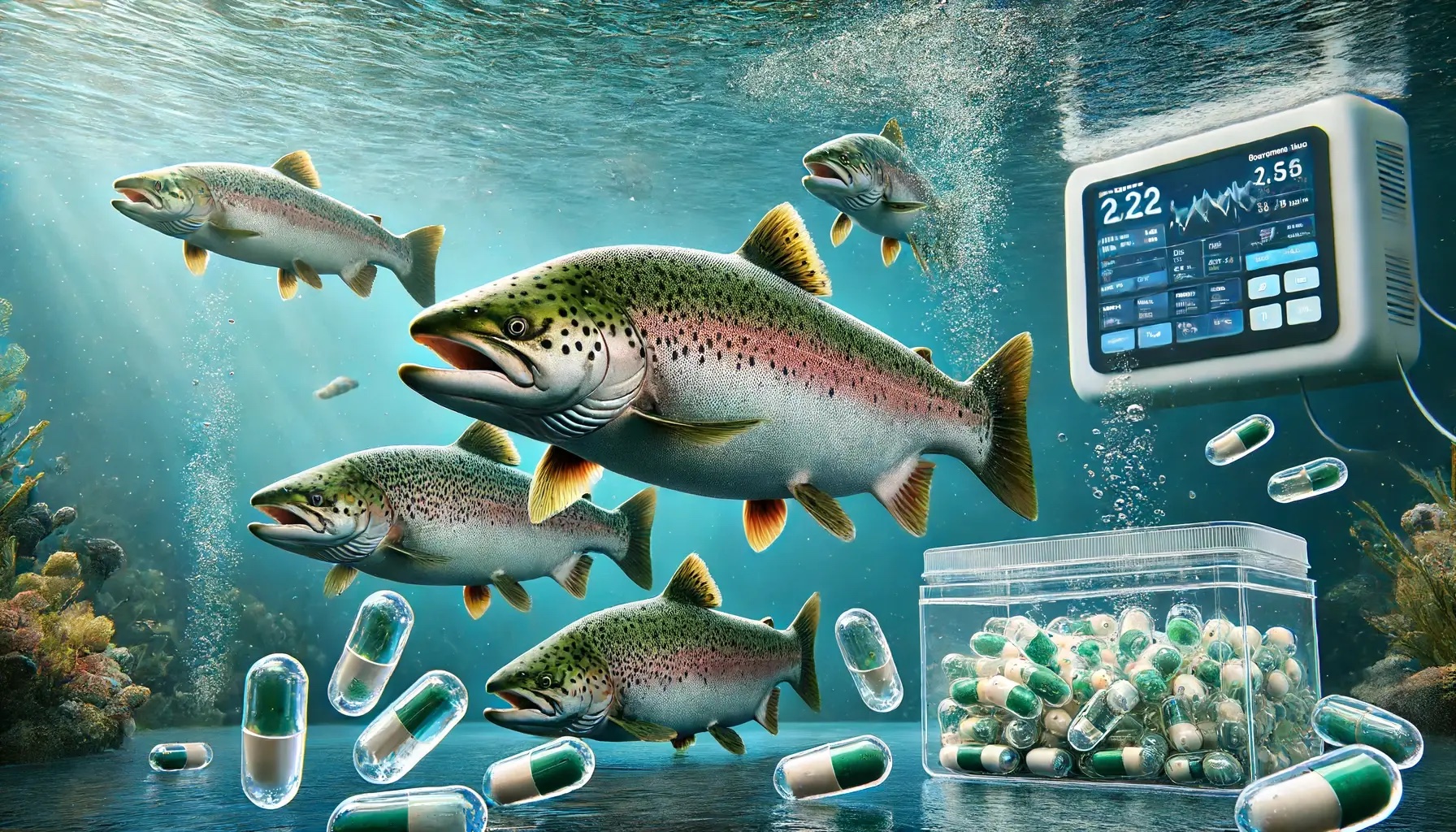 dall e 2024-06-13 16.02.36 - a realistic underwater scene with a few fish including salmon swimming and eating small transparent capsules. the fish have lifelike details such a