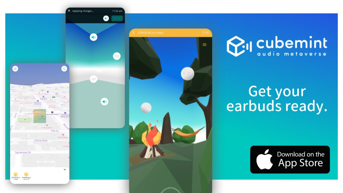 「cubemint」アプリでは、キューブと呼ばれる音声AR空間を作り出し、その中で遠隔地にいる人とも自由に音声を通じた交流ができる。