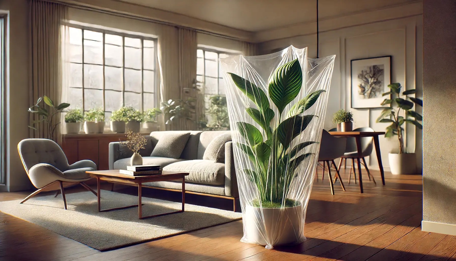 dall e 2024-06-18 22.35.52 - a photorealistic scene of a tokyo winter afternoon in an apartment living room. a spathiphyllum sapling is prominently featured with its leaves and s