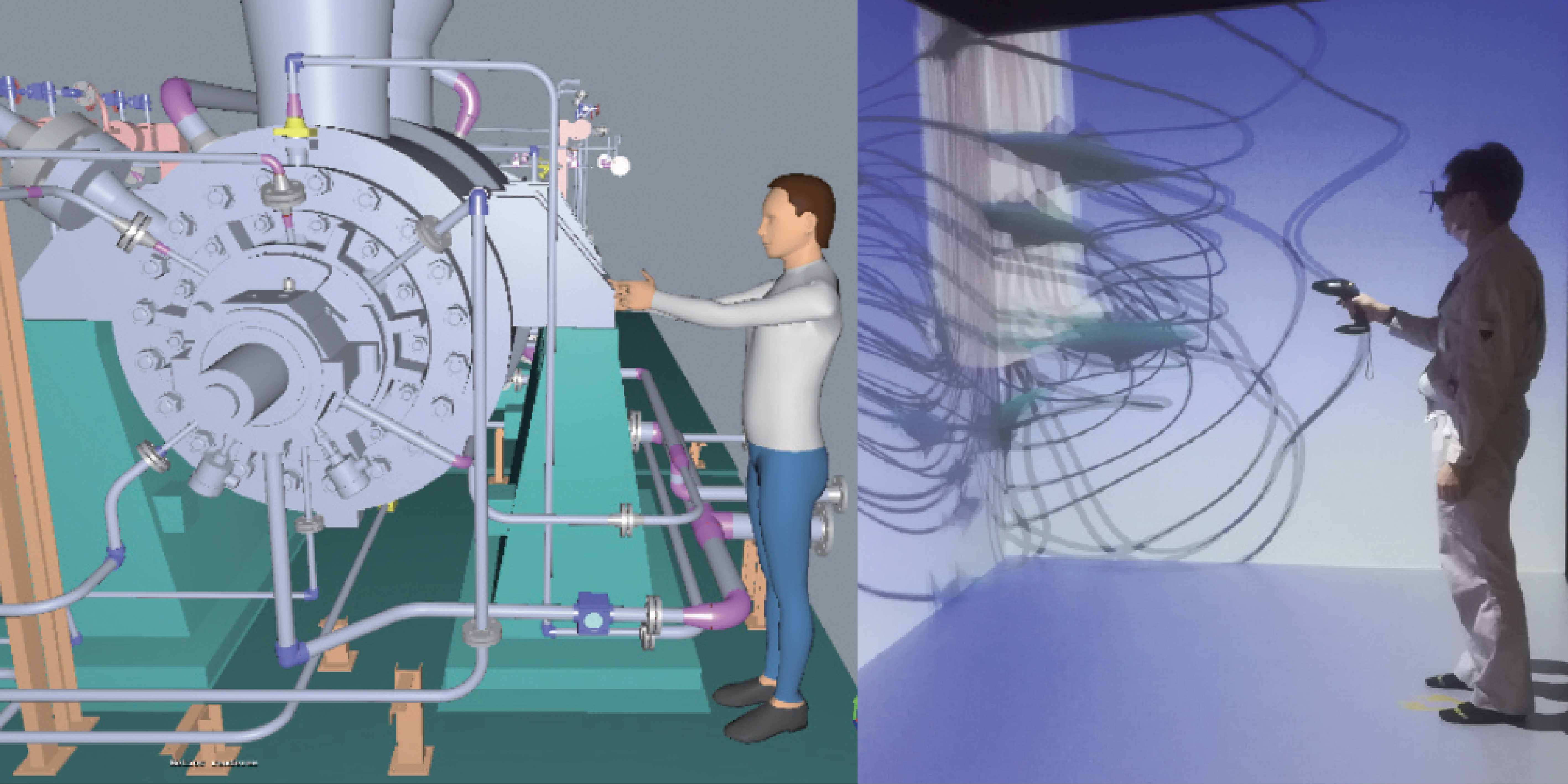 流れの中に立ち、投影された3Dモデルに触れる。時空間同期xR技術