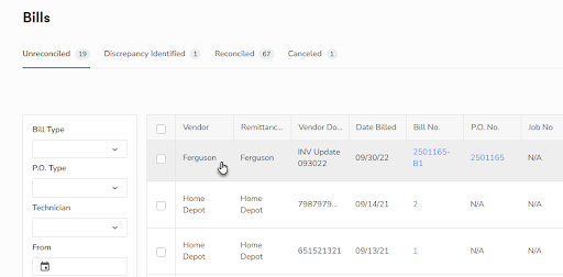 Cursor on a bill in the Bill screen