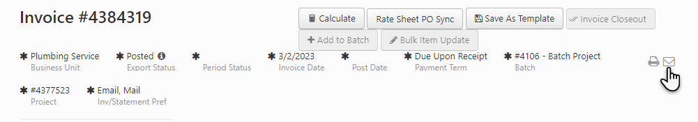 Cursor on the Email icon in the invoice screen