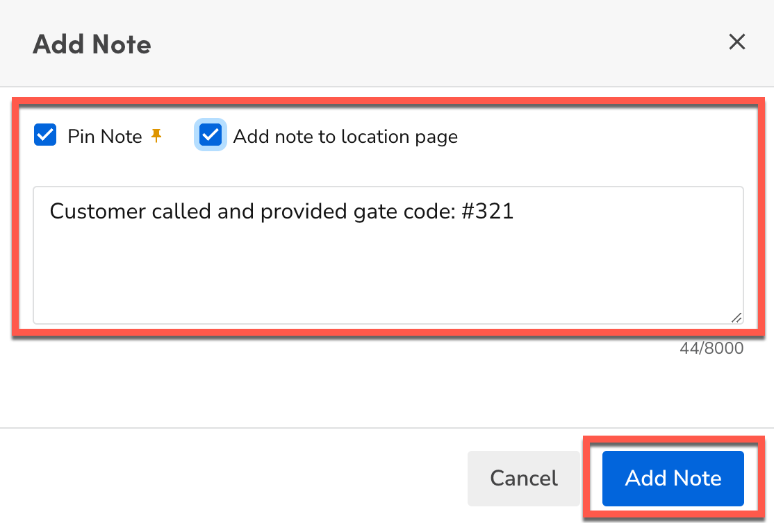 The Add Note screen in a ServiceTitan customer record.
