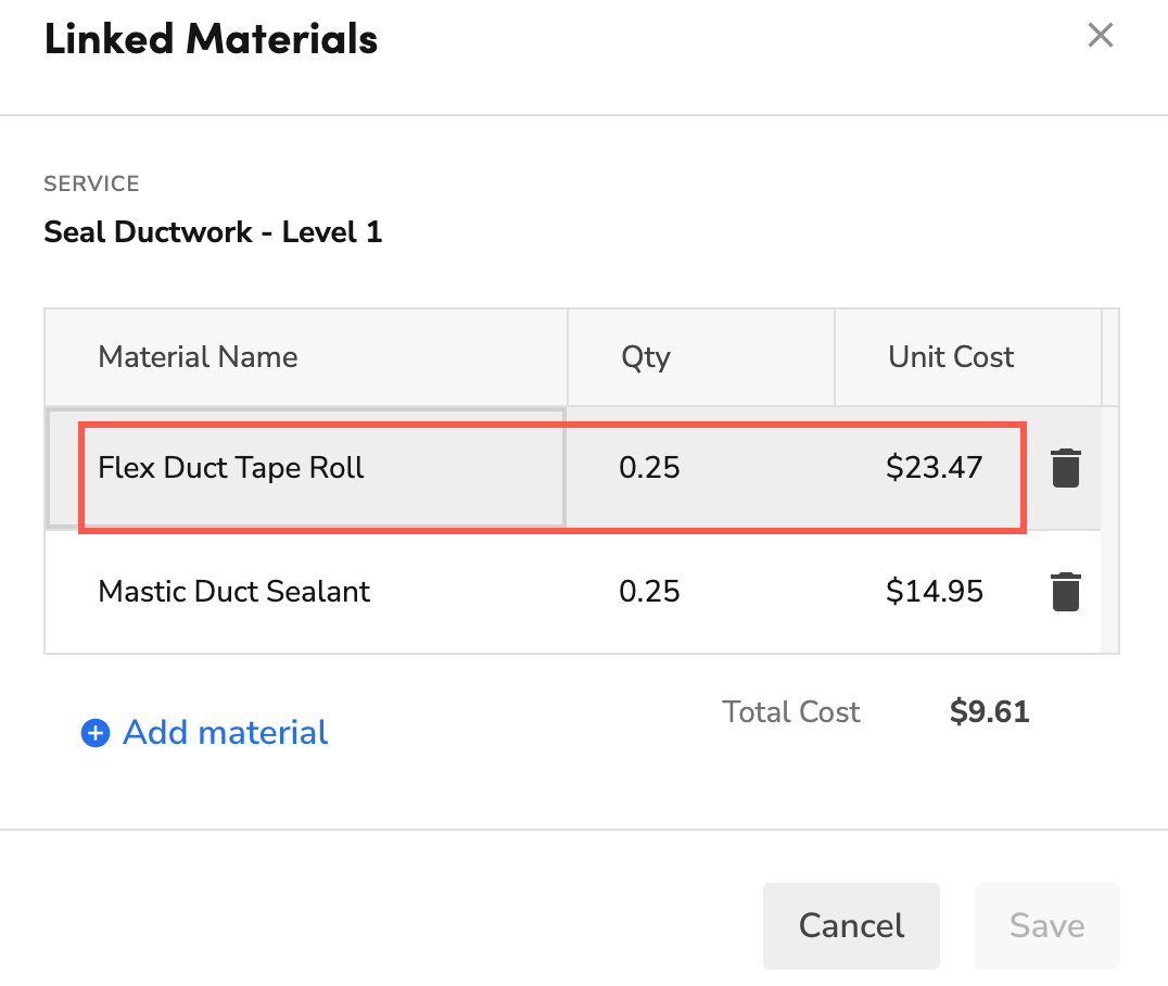 Viewing Linked Materials to check the material price