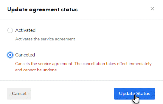 A cursor selecting the Update Status button after canceling a service ...