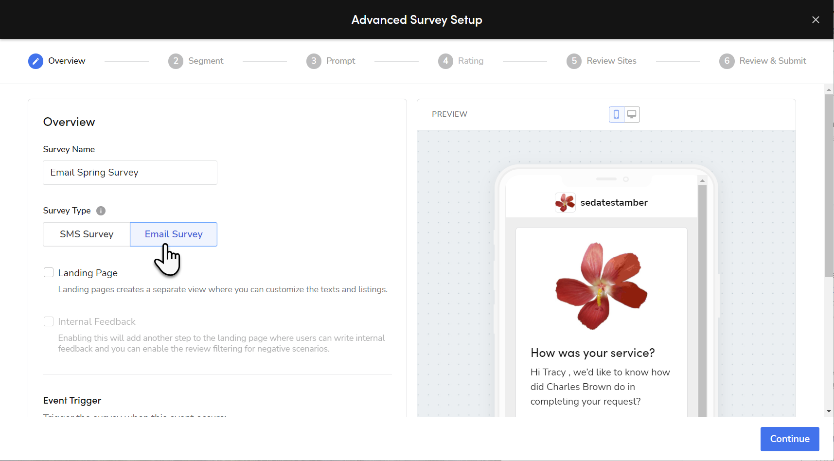 Select Email Survey in Overview