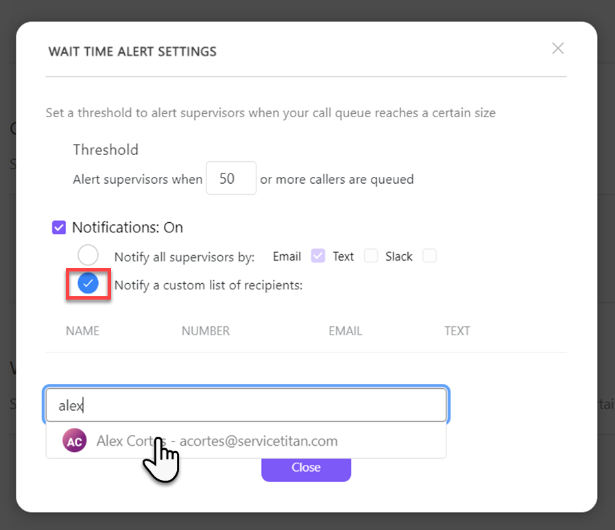 Notify a custom list of recipients on Wait Time