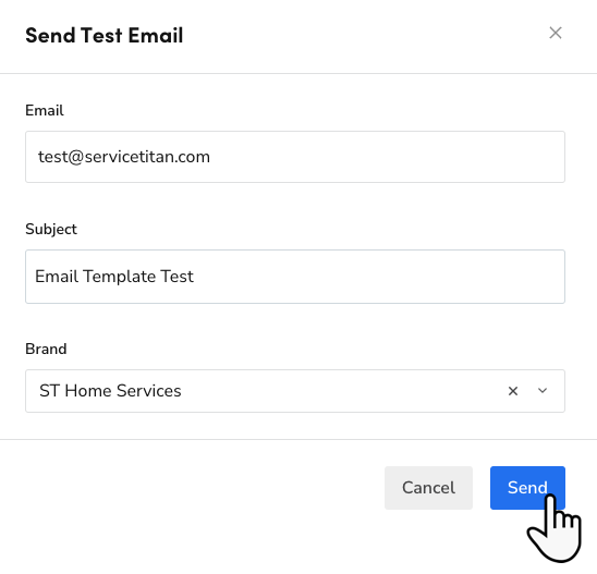 Cursor hovers over the Send button on the Send Test Email pop-up.
