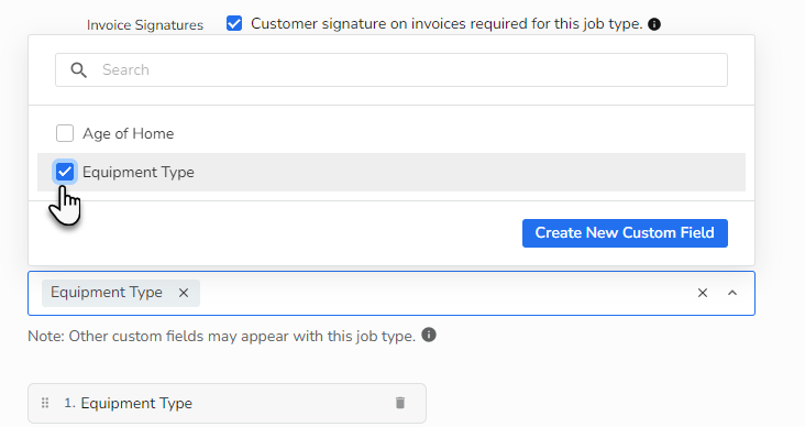 A cursor selecting Equipment Type as the custom field for the selected ...