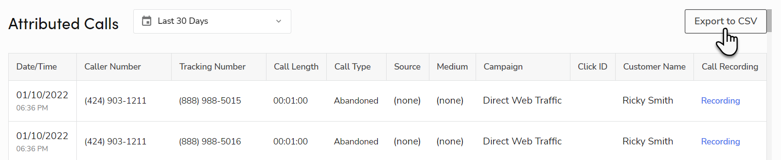 Click Export CSV to download the information in XSLX format in Attributed Calls section