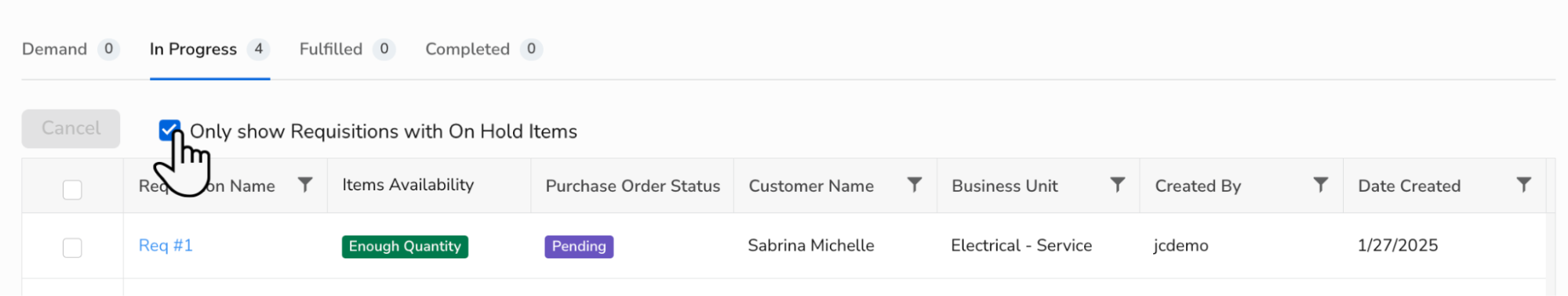 Cursor clicking Only show Requisitions with On Hold Items.