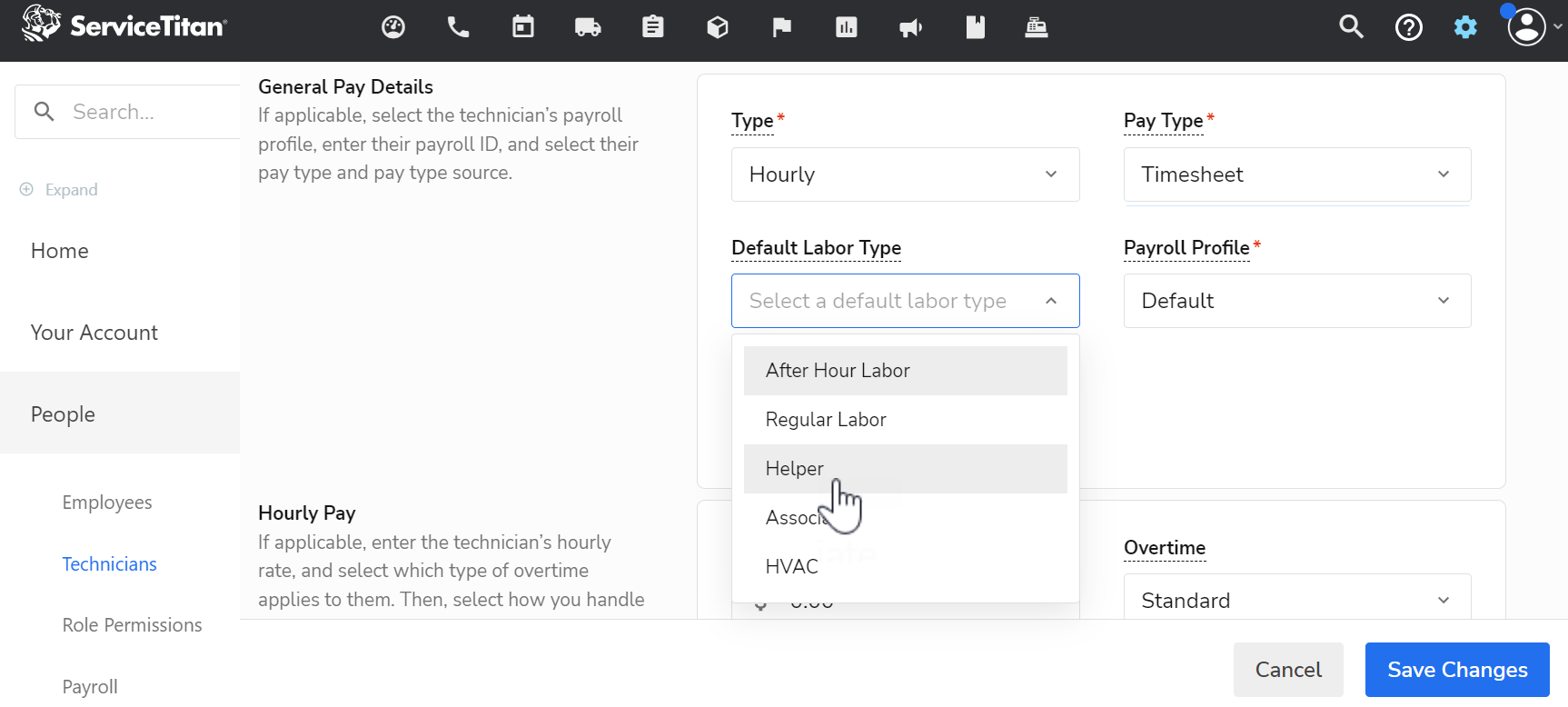 A cursor selecting a labor type from the Default Labor Type dropdown menu in ServiceTitan.