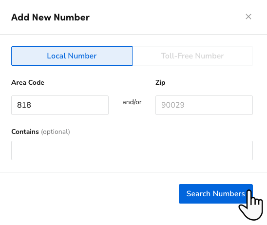 Cursor hovers over the Search Numbers button on the Add New Number pop ...