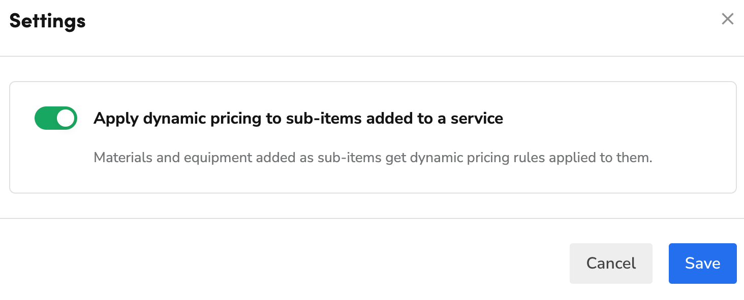 Enabling the Apply dynamic pricing to sub-items added to a service toggle in Dynamic Pricing Settings