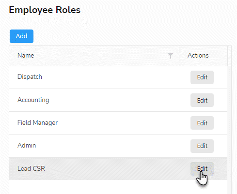 Screenshot of the Employee Roles table with a finger pointing to the Edit button