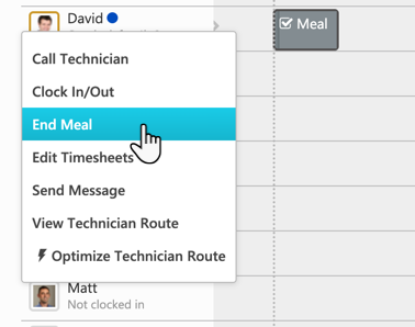 A cursor selecting End Meal from a technician's dropdown menu on the ServiceTitan Dispatch Board.