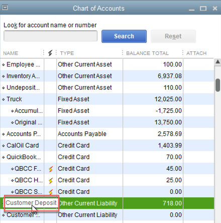 chart of accounts>deposit
