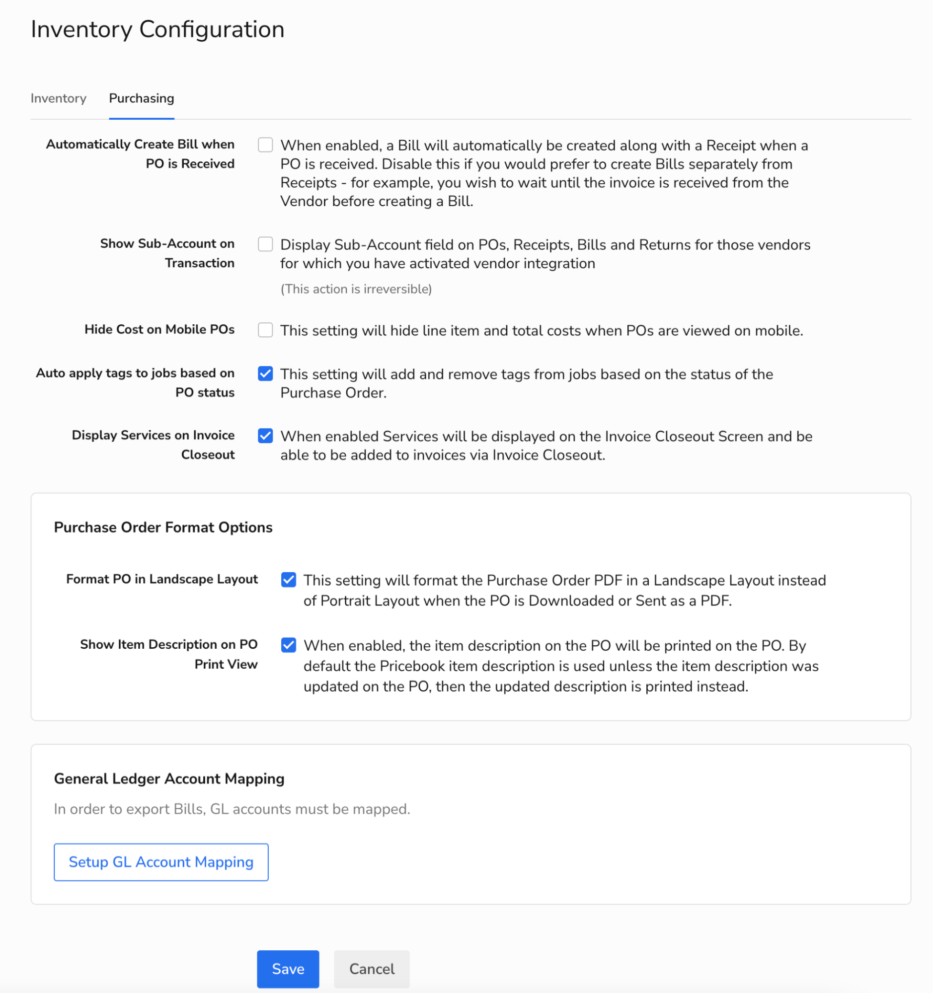 Displaying the Purchasing configuration screen.