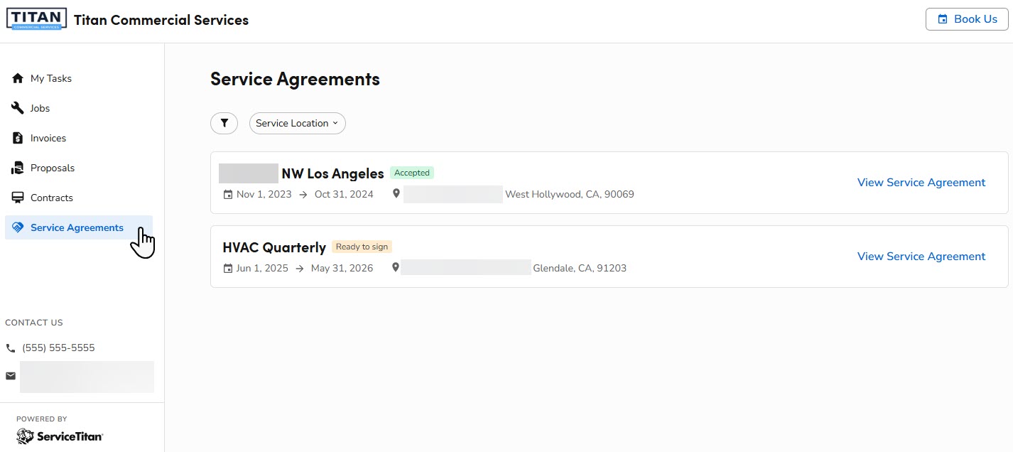 A cursor clicking on Service Agreements.
