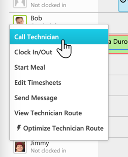 A cursor selecting Call Technician from the technician dropdown menu in the ServiceTitan Dispatch Board.