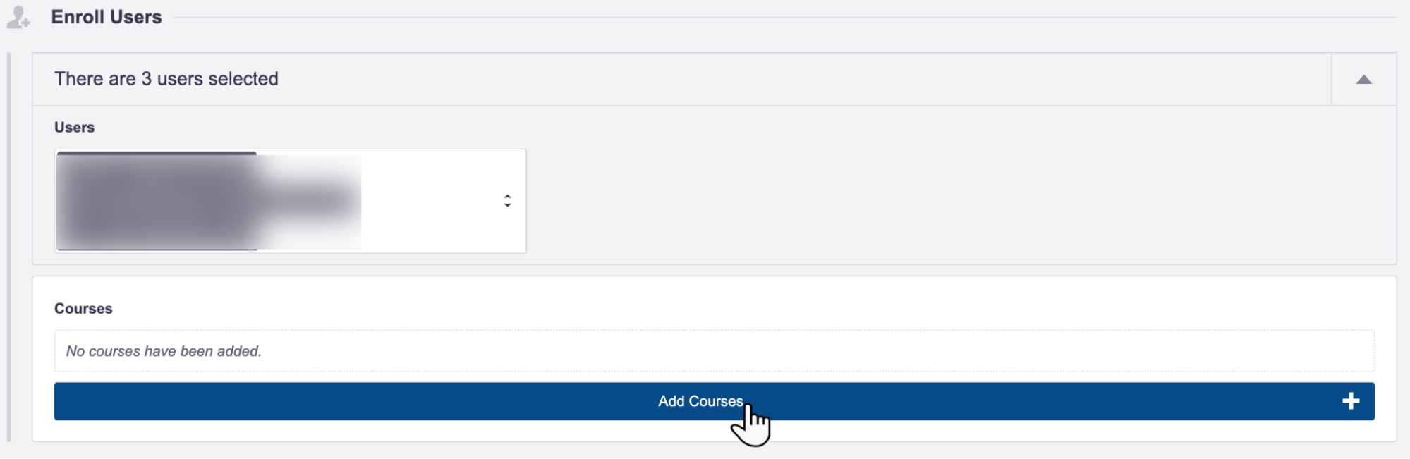 The Enroll Users screen with a cursor selecting the Add Courses button